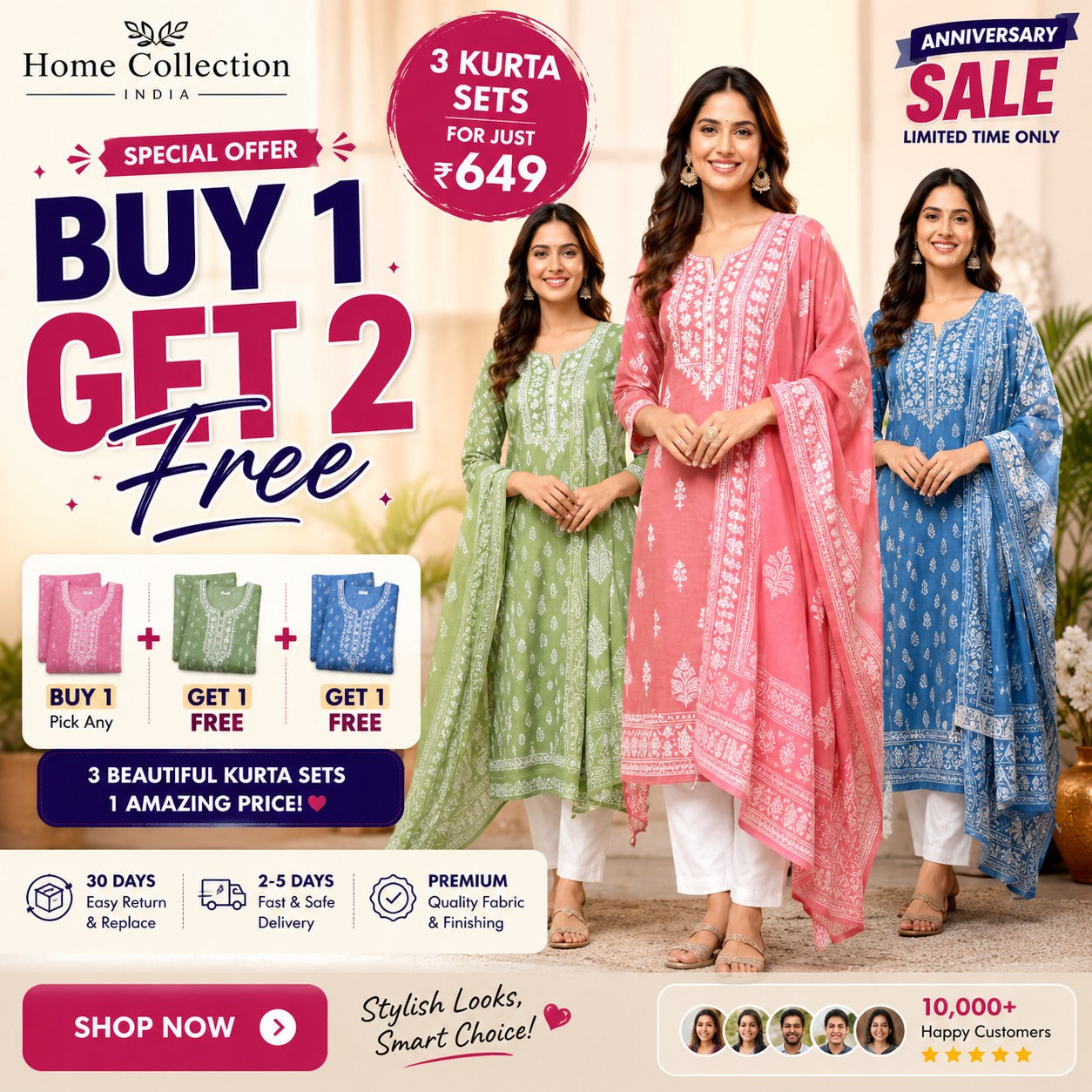 Buy 1 Get 2 Free Kurta Sets