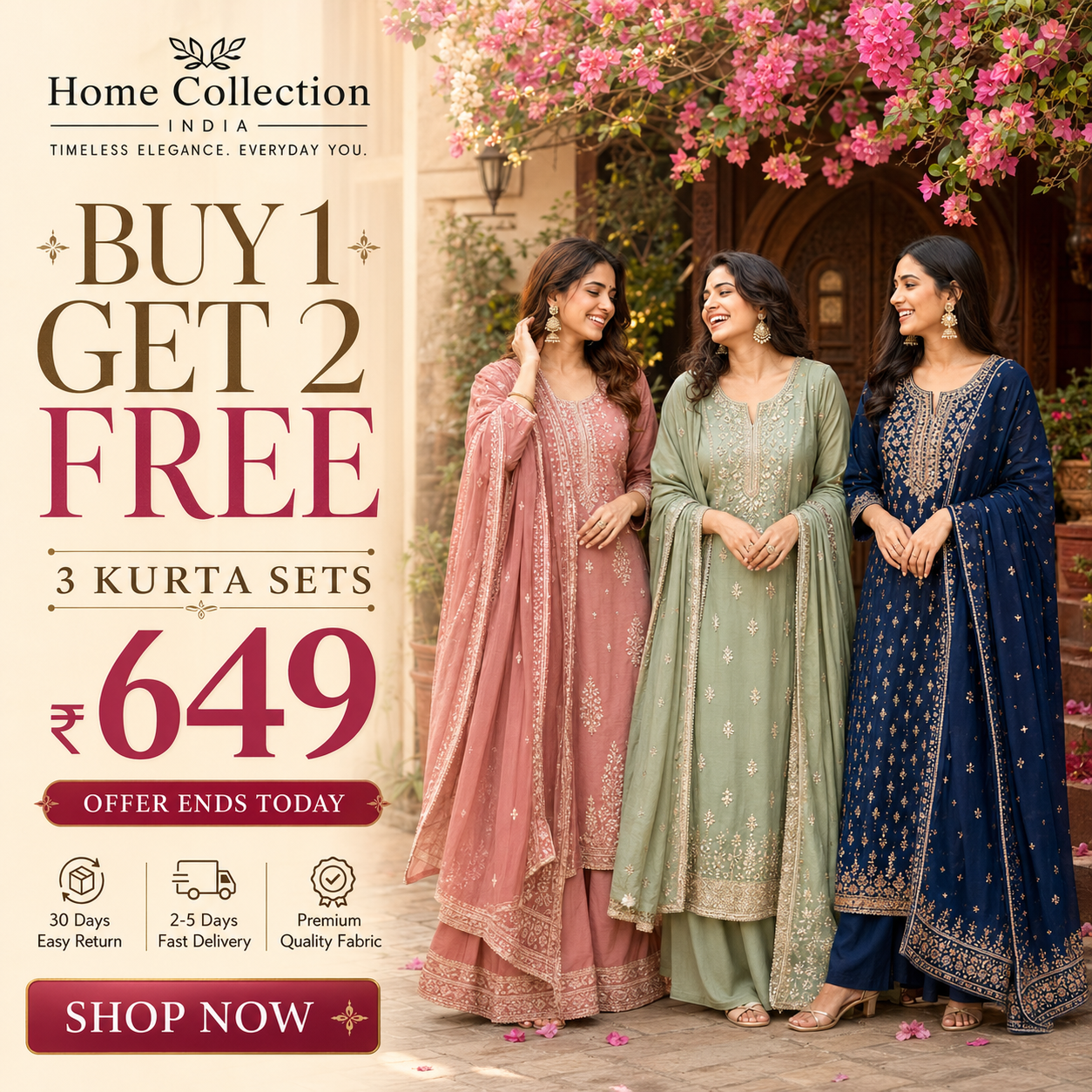 Buy 1 Get 2 Free Kurta Sets – 3 Beautiful Ethnic Kurtas