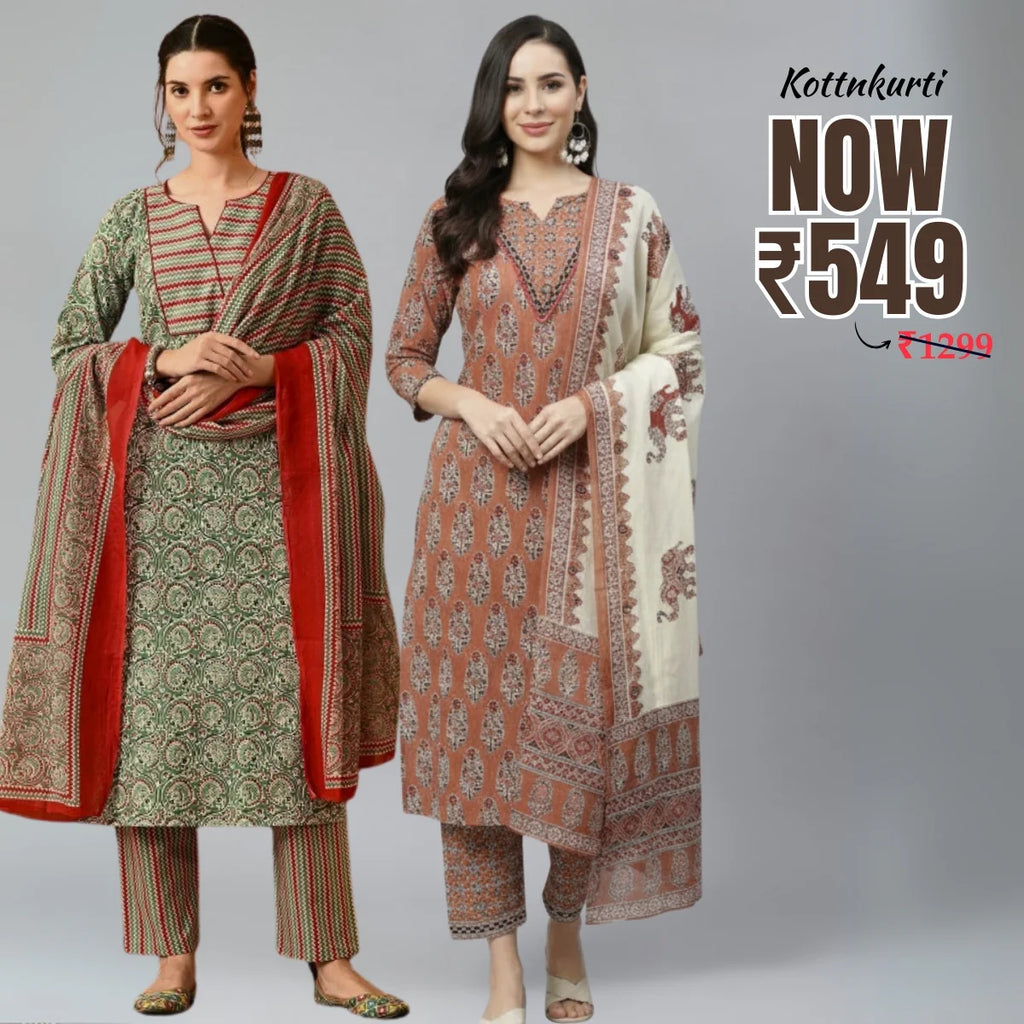 Premium Pack of 2 Cotton Kurta Pant Dupatta Sets for Women