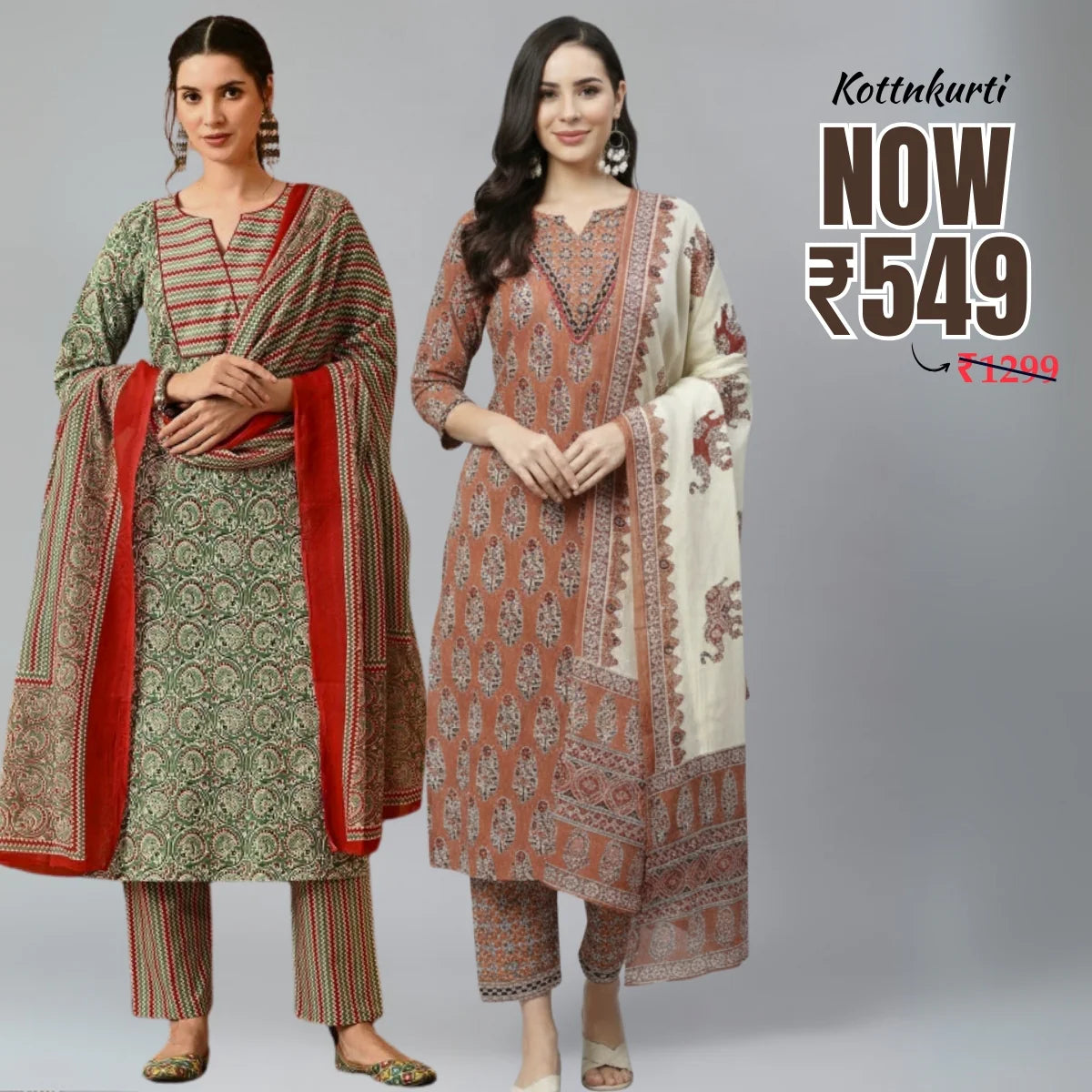 Premium Pack of 2 Cotton Kurta Pant Dupatta Sets for Women