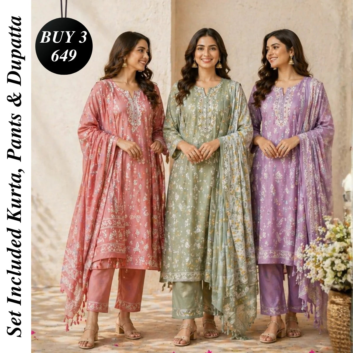 Pack Of 3 Kurta Sets with dupatta Trendy Ethnic Wear