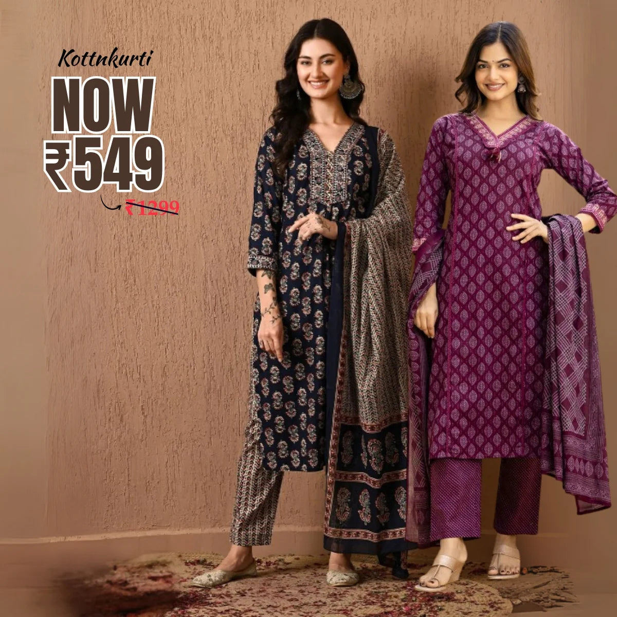Premium Pack of 2 Cotton Kurta Pant Dupatta Sets for Women