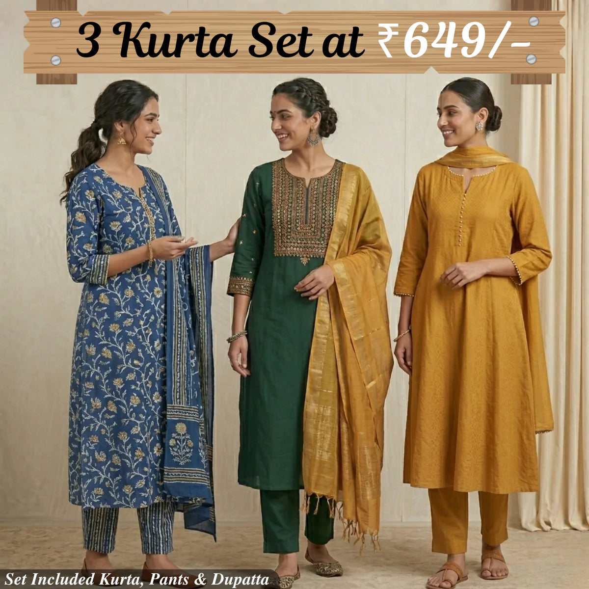 Pack of 3 Women’s Designer Kurta Sets – Ethnic Kurta Pant Dupatta Set for Women