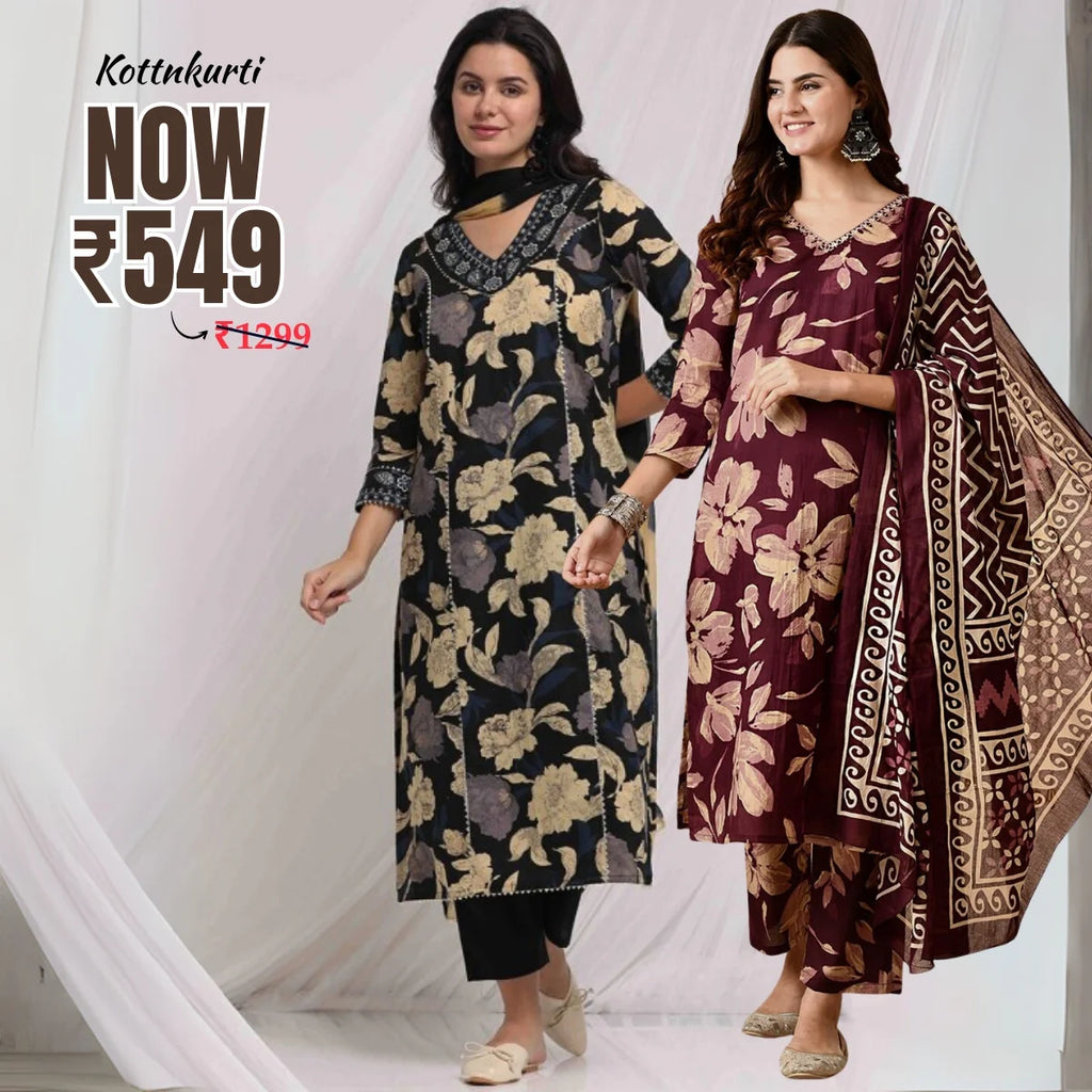 Premium Pack of 2 Cotton Kurta Pant Dupatta Sets for Women
