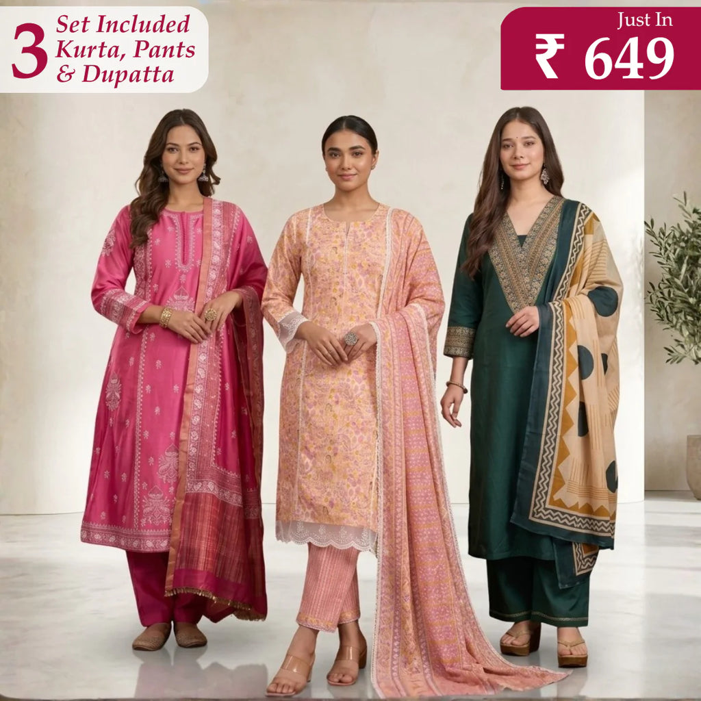 Pack Of 3 Kurta Sets with dupatta Trendy Ethnic Wear