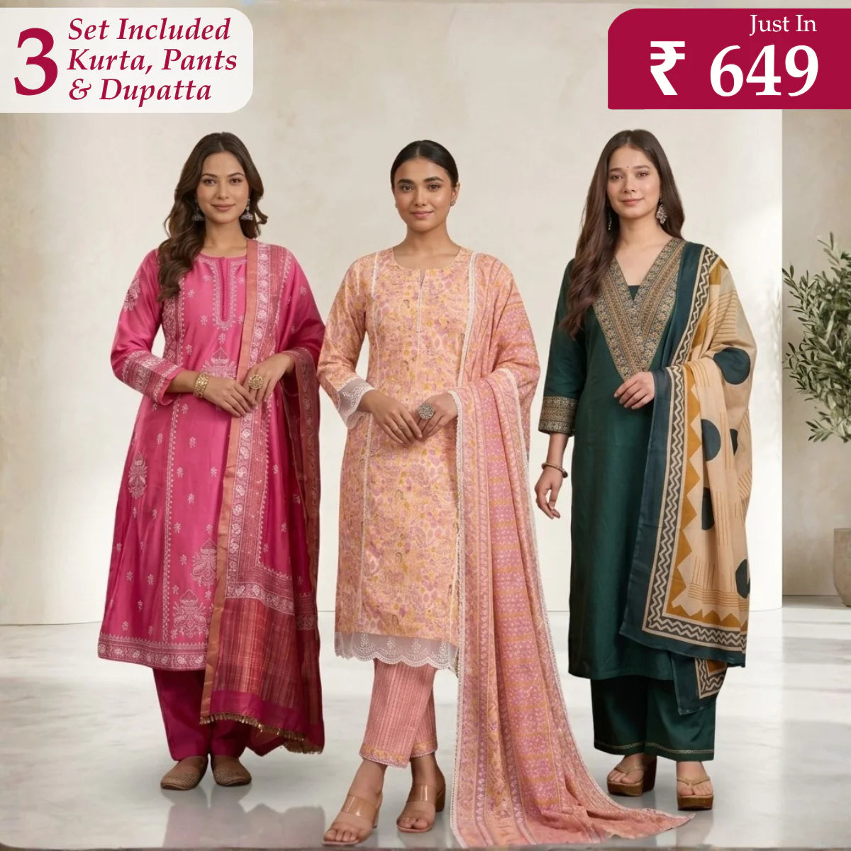 Pack Of 3 Kurta Sets with dupatta Trendy Ethnic Wear