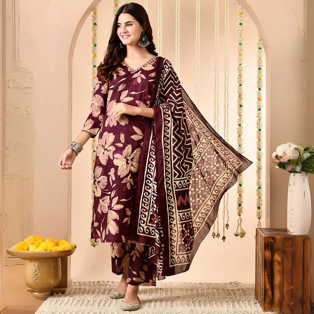 Premium Pack of 2 Cotton Kurta Pant Dupatta Sets for Women