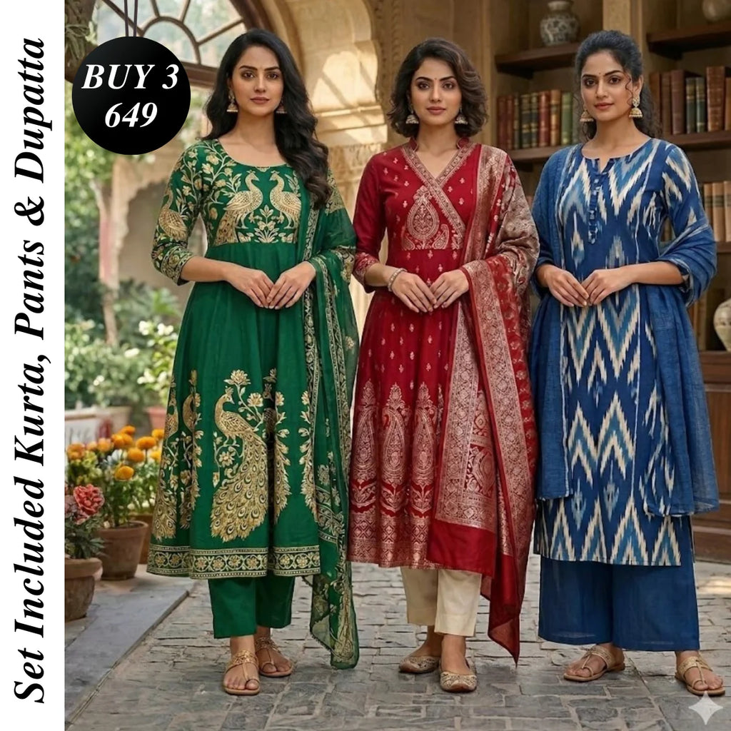 Pack of 3 Women’s Designer Kurta Sets – Ethnic Kurta Pant Dupatta Set for Women