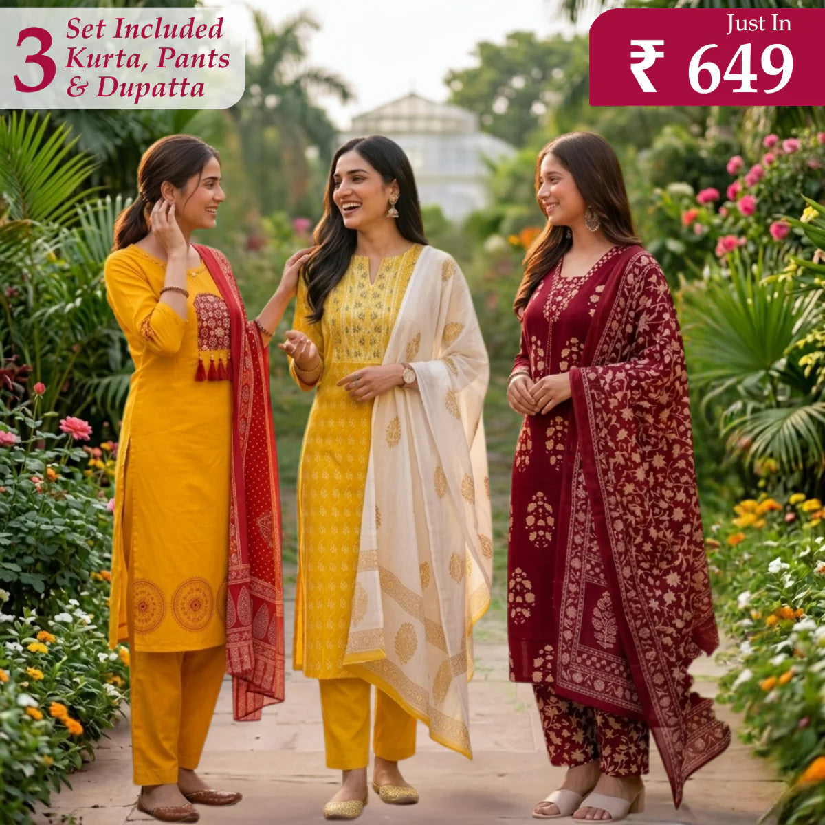 Pack Of 3 Kurta Sets with dupatta Trendy Ethnic Wear
