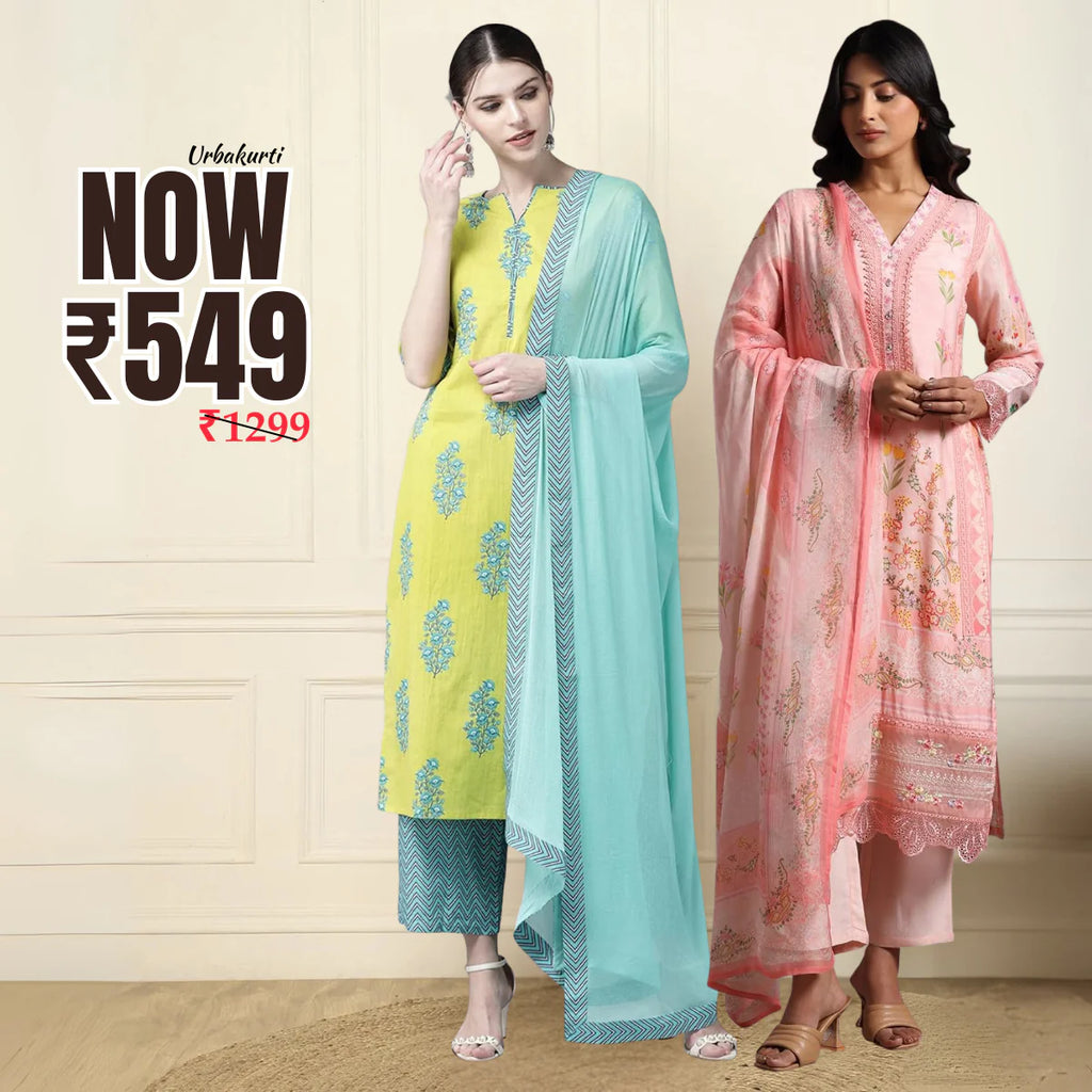 Premium Pack of 2 Cotton Kurta Pant Dupatta Sets for Women