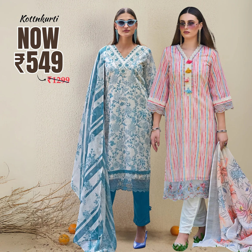 Premium Pack of 2 Cotton Kurta Pant Dupatta Sets for Women