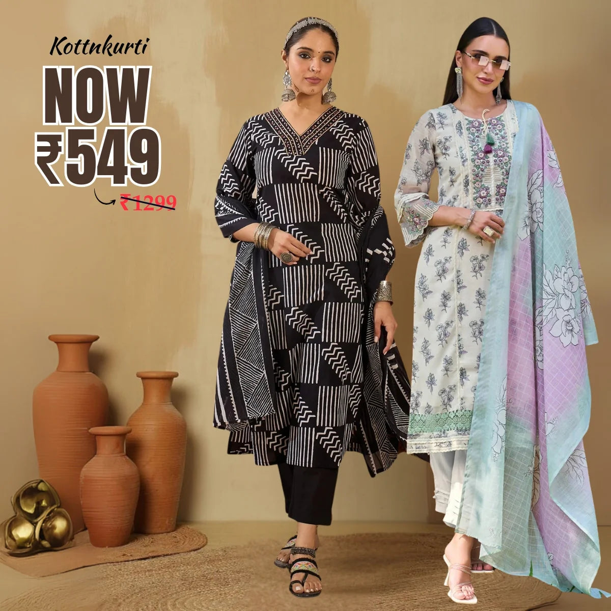 Premium Pack of 2 Cotton Kurta Pant Dupatta Sets for Women