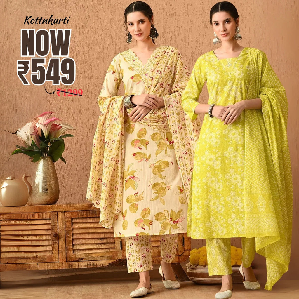 Premium Pack of 2 Cotton Kurta Pant Dupatta Sets for Women
