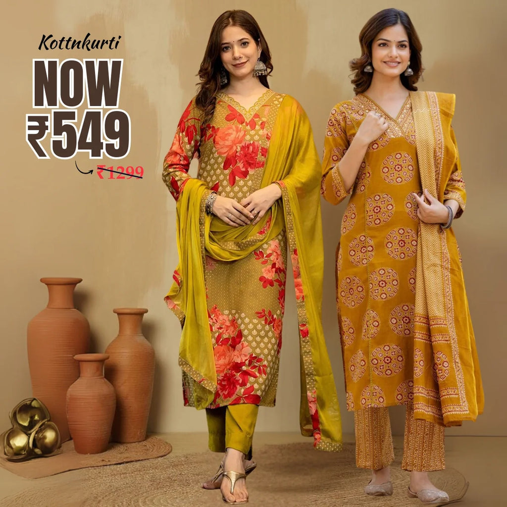 Premium Pack of 2 Cotton Kurta Pant Dupatta Sets for Women