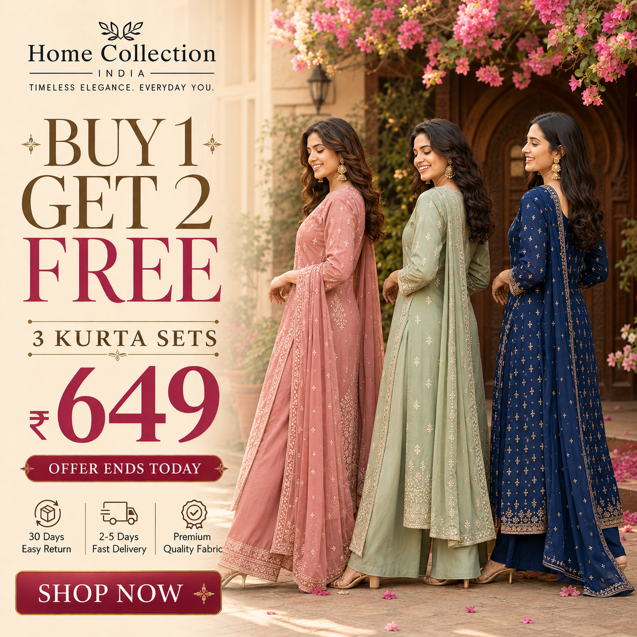 Buy 1 Get 2 Free Kurta Sets – 3 Beautiful Ethnic Kurtas